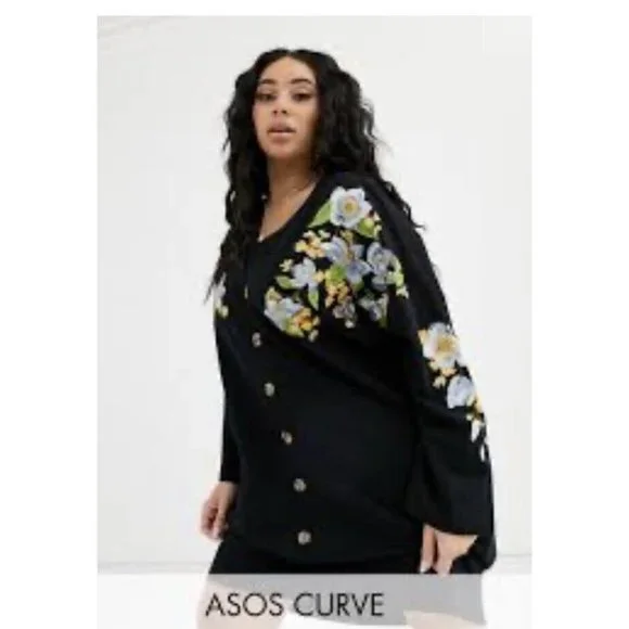 ASOS DESIGN Curve NWT Boyfriend Black LONG Pullover cardigan embroidered size 18 - Picture 1 of 11